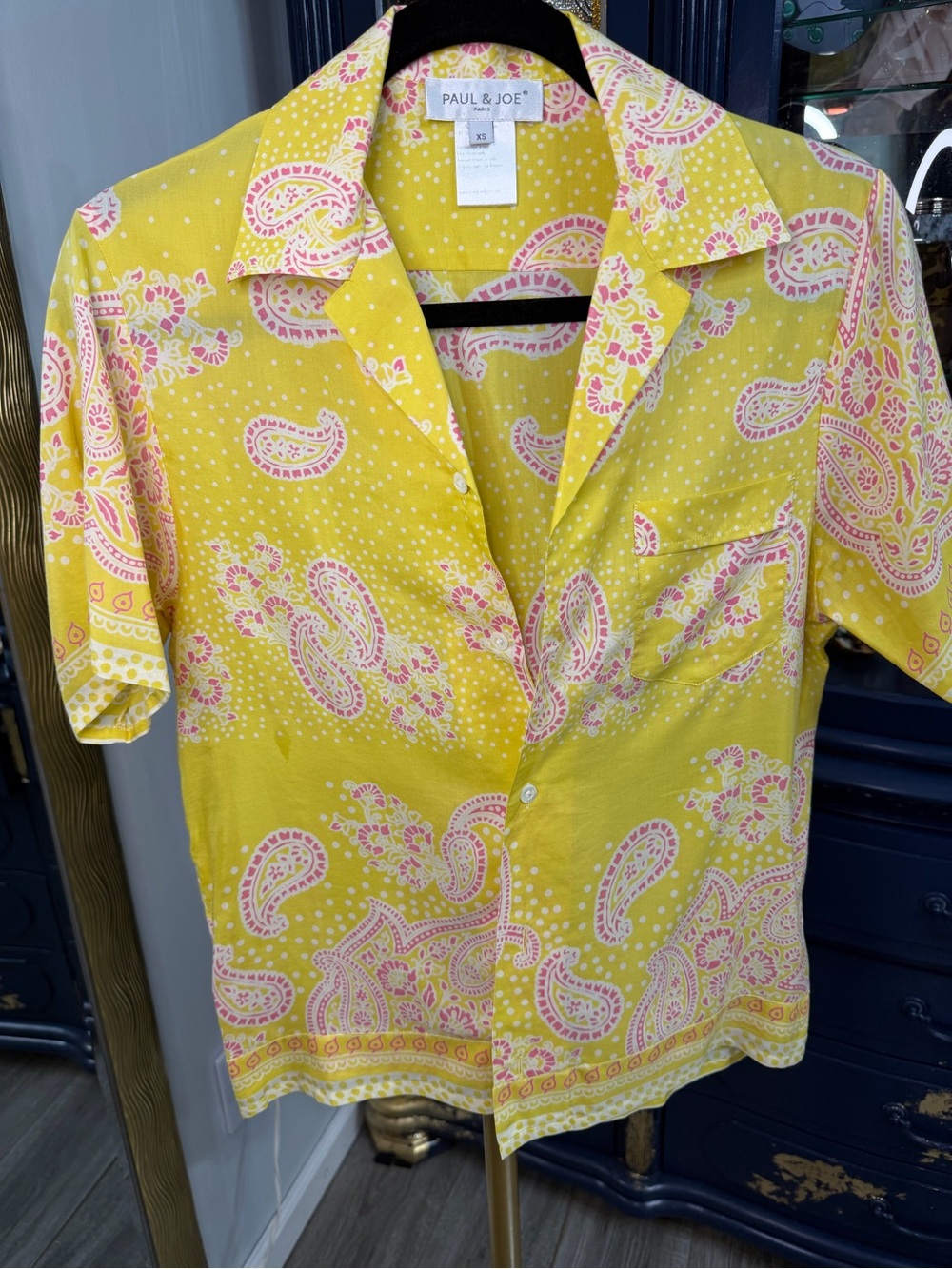 Paul & Joe Paris Paisley Camp Collar Button Down Shirt Yellow Pink XS EUC